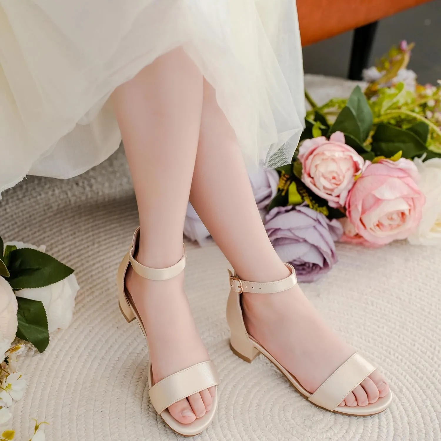 Dufannie Girls Sandals Low Heels Dress Pump Ankle Strap Open Toe Flower Girl Wedding Party for Toddler Little Big Kid