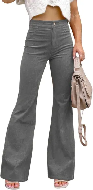 ebossy Women's Flare Stretch Corduroy High Rise Trousers Skinny Bell Bottom Boot Cut Pants with Pockets