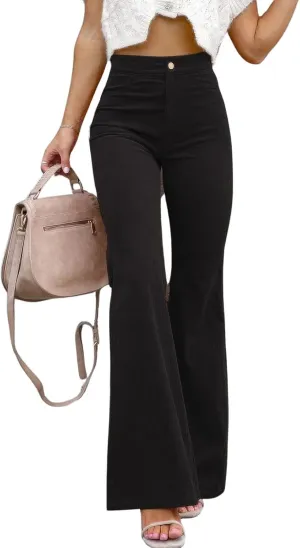 ebossy Women's Flare Stretch Corduroy High Rise Trousers Skinny Bell Bottom Boot Cut Pants with Pockets