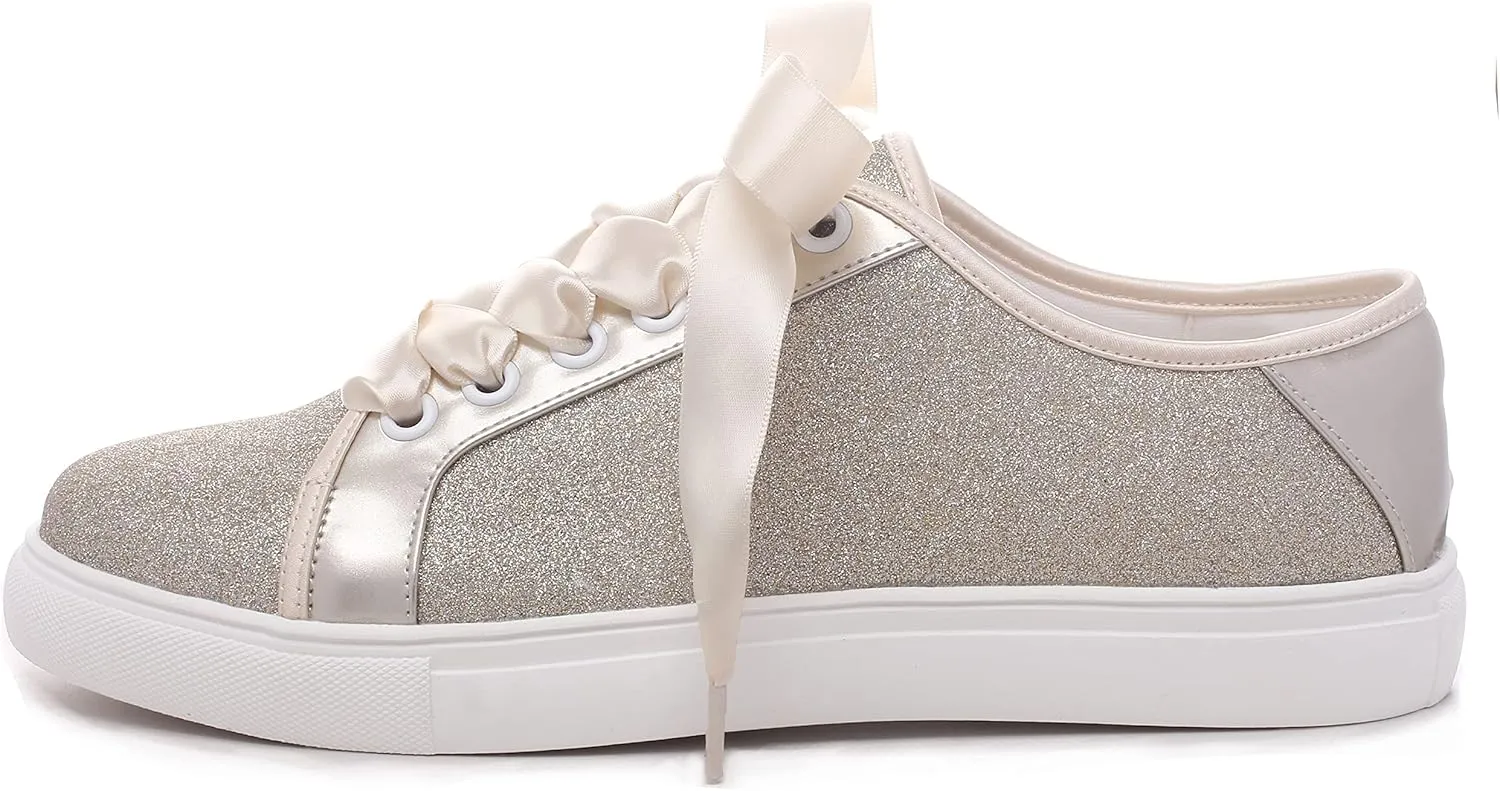 Elivandon Wedding Shoes Bling Bridal Sneakers Flats Bride Tennis Shoes Shiny Sequin Sparkly Sneakers