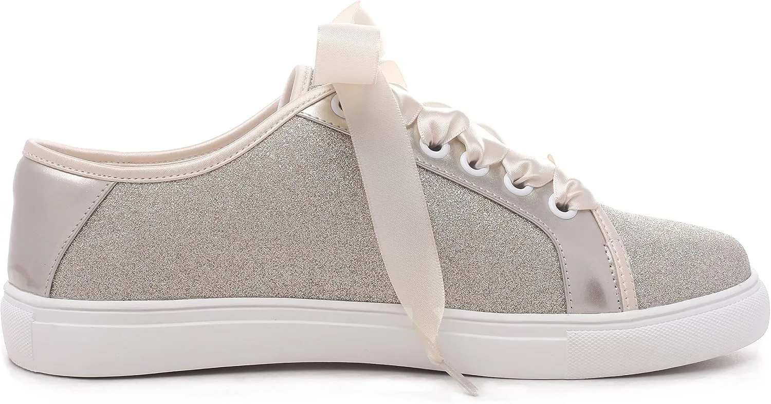 Elivandon Wedding Shoes Bling Bridal Sneakers Flats Bride Tennis Shoes Shiny Sequin Sparkly Sneakers