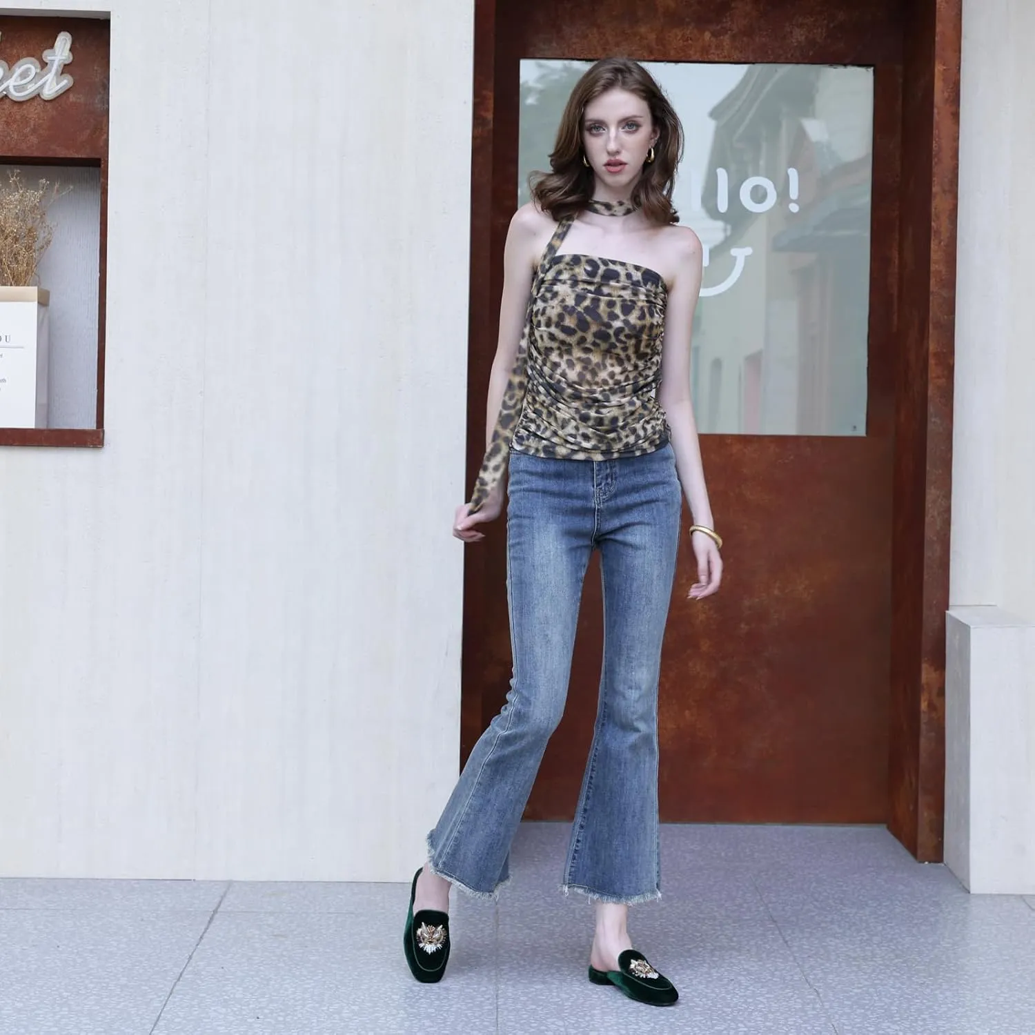 Embroidered Mules for Women Round Toe Backless Velvet Mules Tiger Head Pattern Loafers