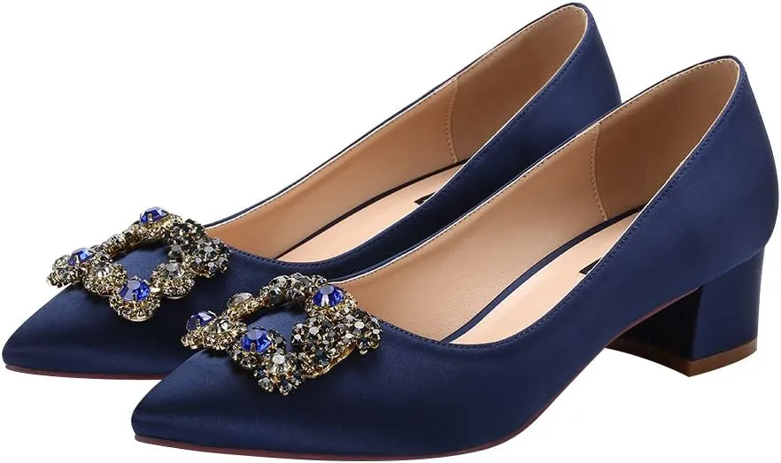 ERIJUNOR Women Comfort Chunky Heel Pointed Toe Rhinestone Wedding Evening Satin Shoes for Bride