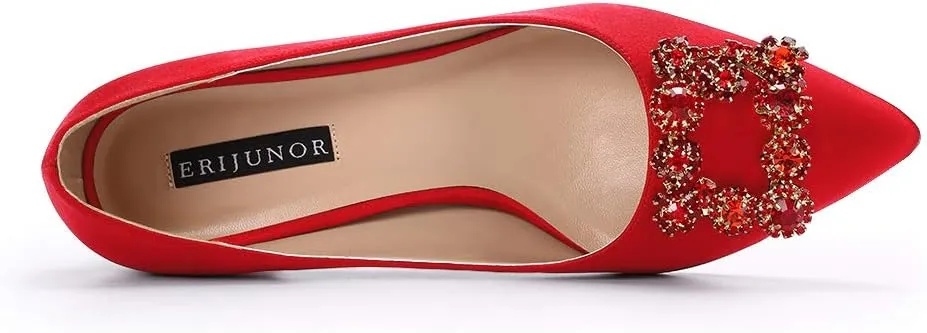 ERIJUNOR Women Comfort Chunky Heel Pointed Toe Rhinestone Wedding Evening Satin Shoes for Bride