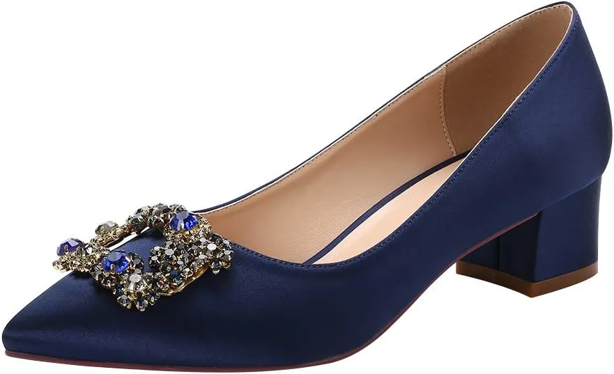 ERIJUNOR Women Comfort Chunky Heel Pointed Toe Rhinestone Wedding Evening Satin Shoes for Bride