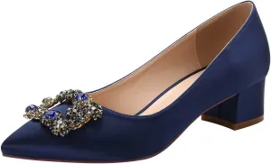 ERIJUNOR Women Comfort Chunky Heel Pointed Toe Rhinestone Wedding Evening Satin Shoes for Bride