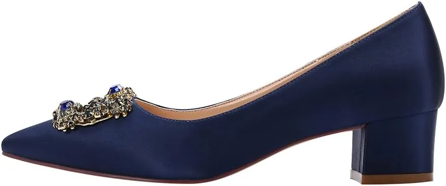 ERIJUNOR Women Comfort Chunky Heel Pointed Toe Rhinestone Wedding Evening Satin Shoes for Bride
