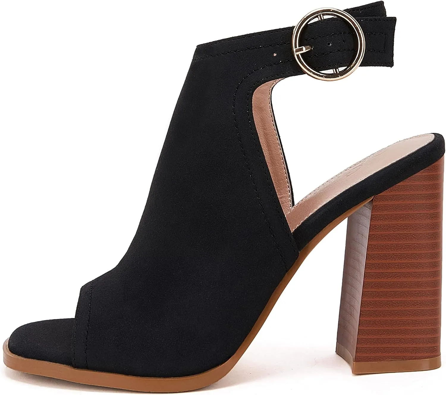 Ermonn Women‘s Cutout Peep Toe Stacked Heeled Sandals Ankle Strap Buckle Booties