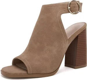 Ermonn Women‘s Cutout Peep Toe Stacked Heeled Sandals Ankle Strap Buckle Booties