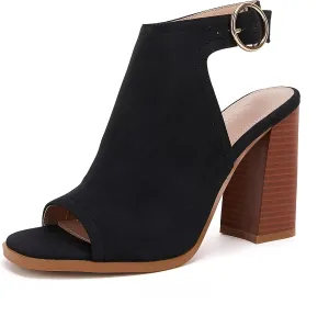 Ermonn Women‘s Cutout Peep Toe Stacked Heeled Sandals Ankle Strap Buckle Booties