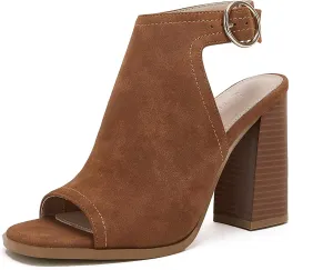 Ermonn Women‘s Cutout Peep Toe Stacked Heeled Sandals Ankle Strap Buckle Booties