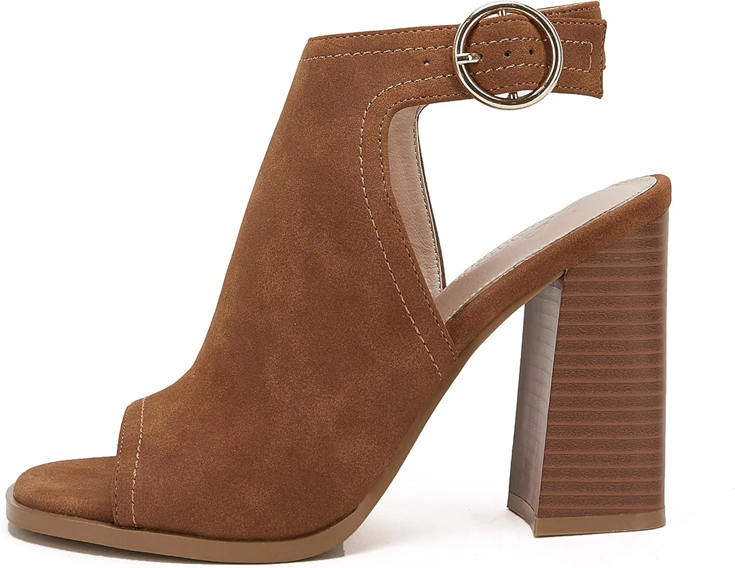 Ermonn Women‘s Cutout Peep Toe Stacked Heeled Sandals Ankle Strap Buckle Booties