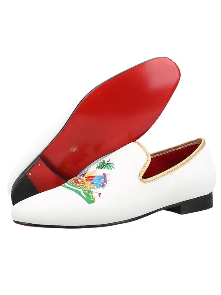 European and American style hand-embroidered men's red-soled loafers square-toe white velvet slip-on smoking shoes wedding party