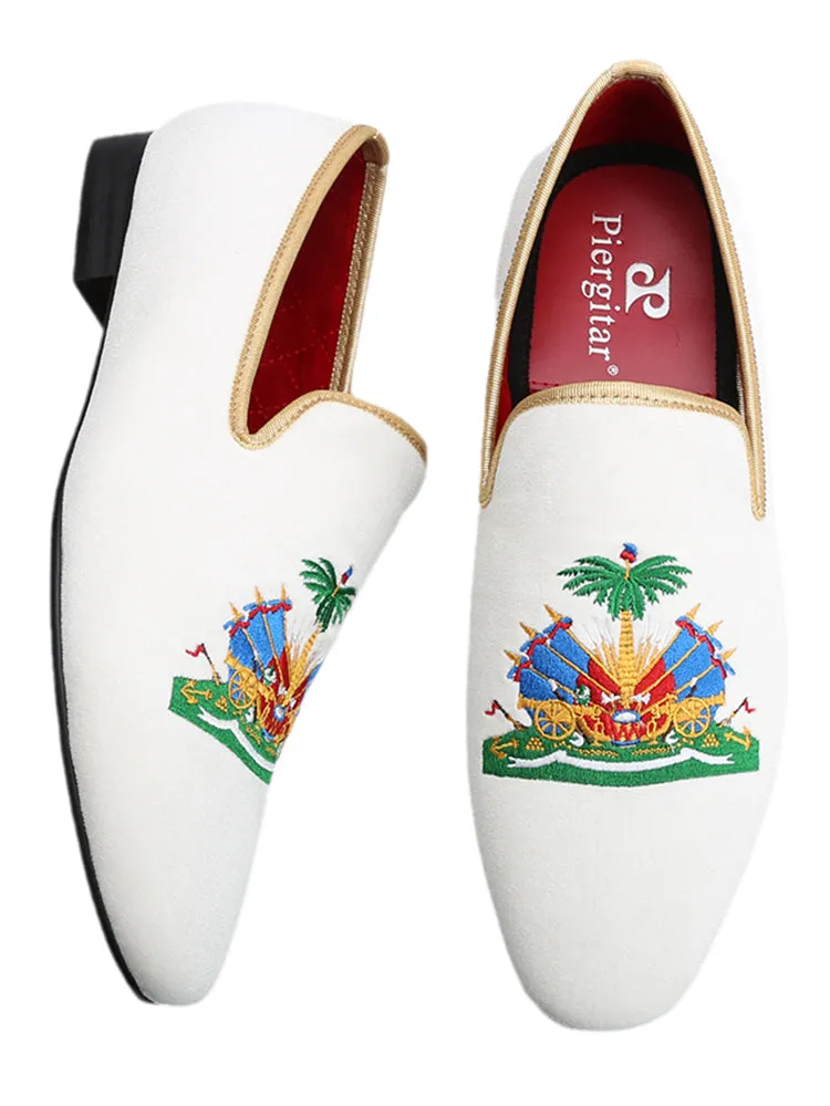European and American style hand-embroidered men's red-soled loafers square-toe white velvet slip-on smoking shoes wedding party