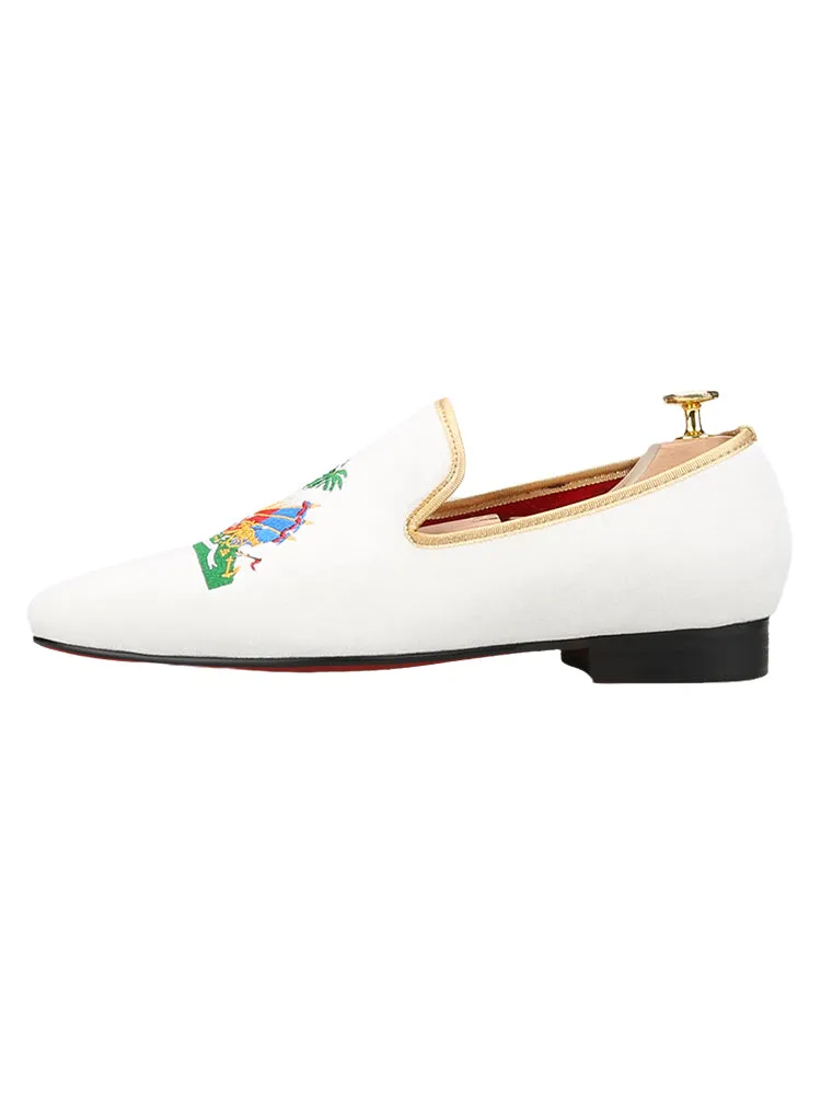 European and American style hand-embroidered men's red-soled loafers square-toe white velvet slip-on smoking shoes wedding party