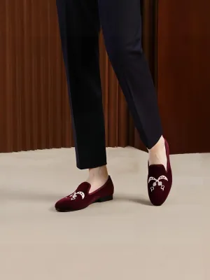 European and American style imported burgundy red silk velvet smoking shoes wedding party formal wear with embroidered loafers for men