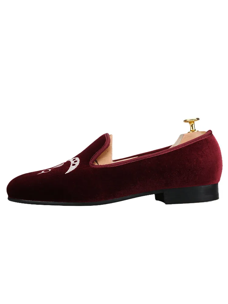 European and American style imported burgundy red silk velvet smoking shoes wedding party formal wear with embroidered loafers for men