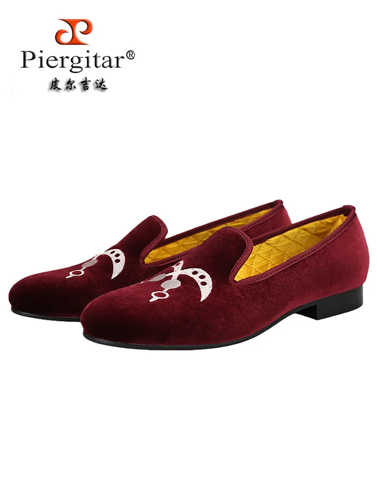 European and American style imported burgundy red silk velvet smoking shoes wedding party formal wear with embroidered loafers for men