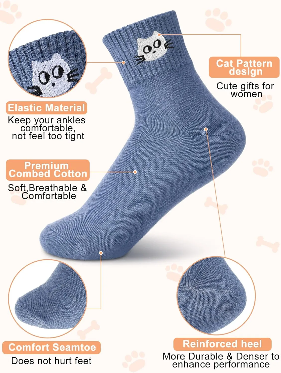 Eurzom 10 Pairs Socks Womens Crew Elastic Ankle Length Cotton Socks Aesthetic Cute Lightweight Low Cut Gifts for Women