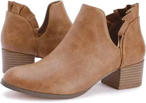 Fashare Womens Fall Cutout Booties Ankle Heels Low Stacked Ruffle Slip On Dress Short Boots Shoes
