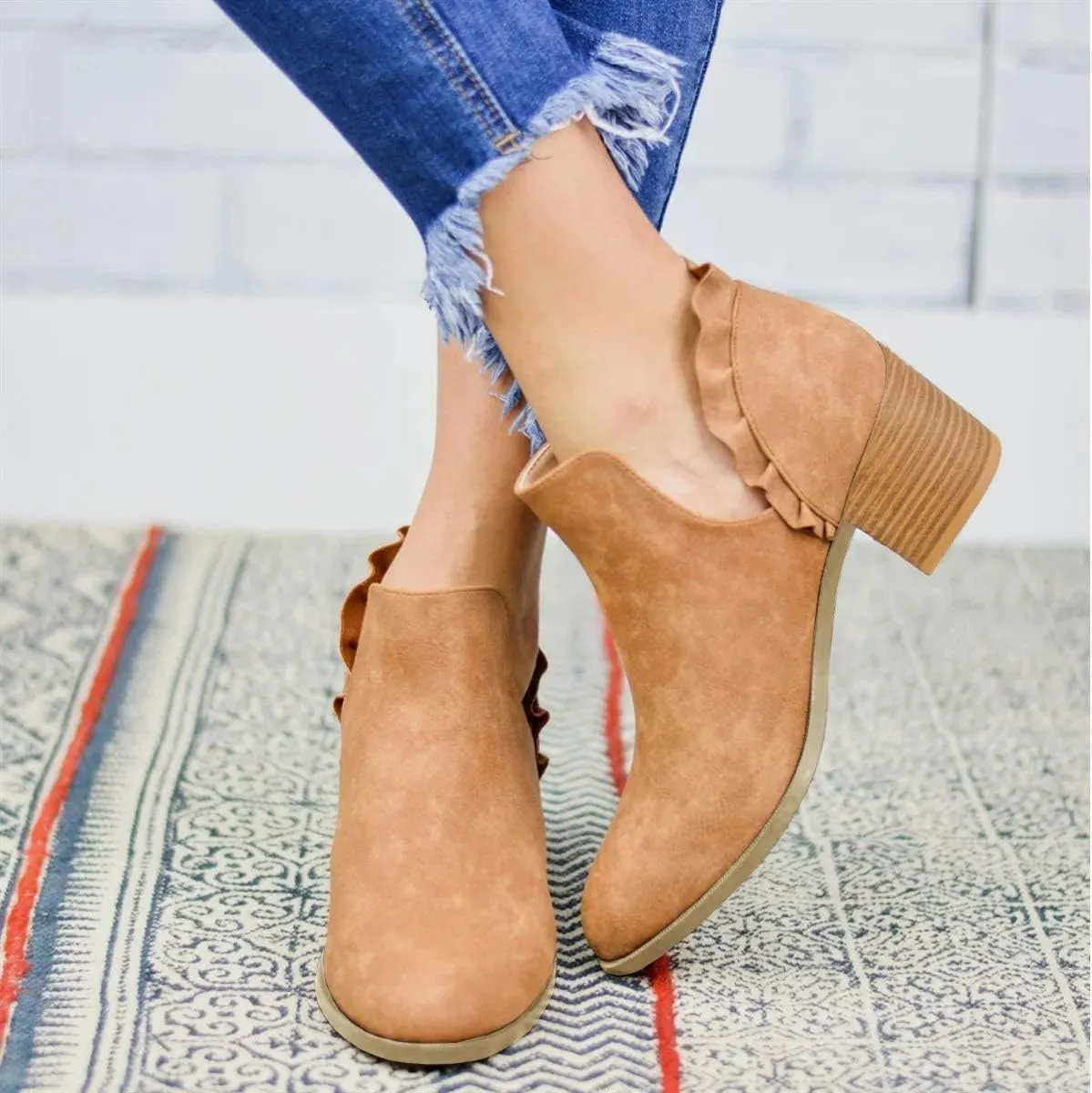 Fashare Womens Fall Cutout Booties Ankle Heels Low Stacked Ruffle Slip On Dress Short Boots Shoes