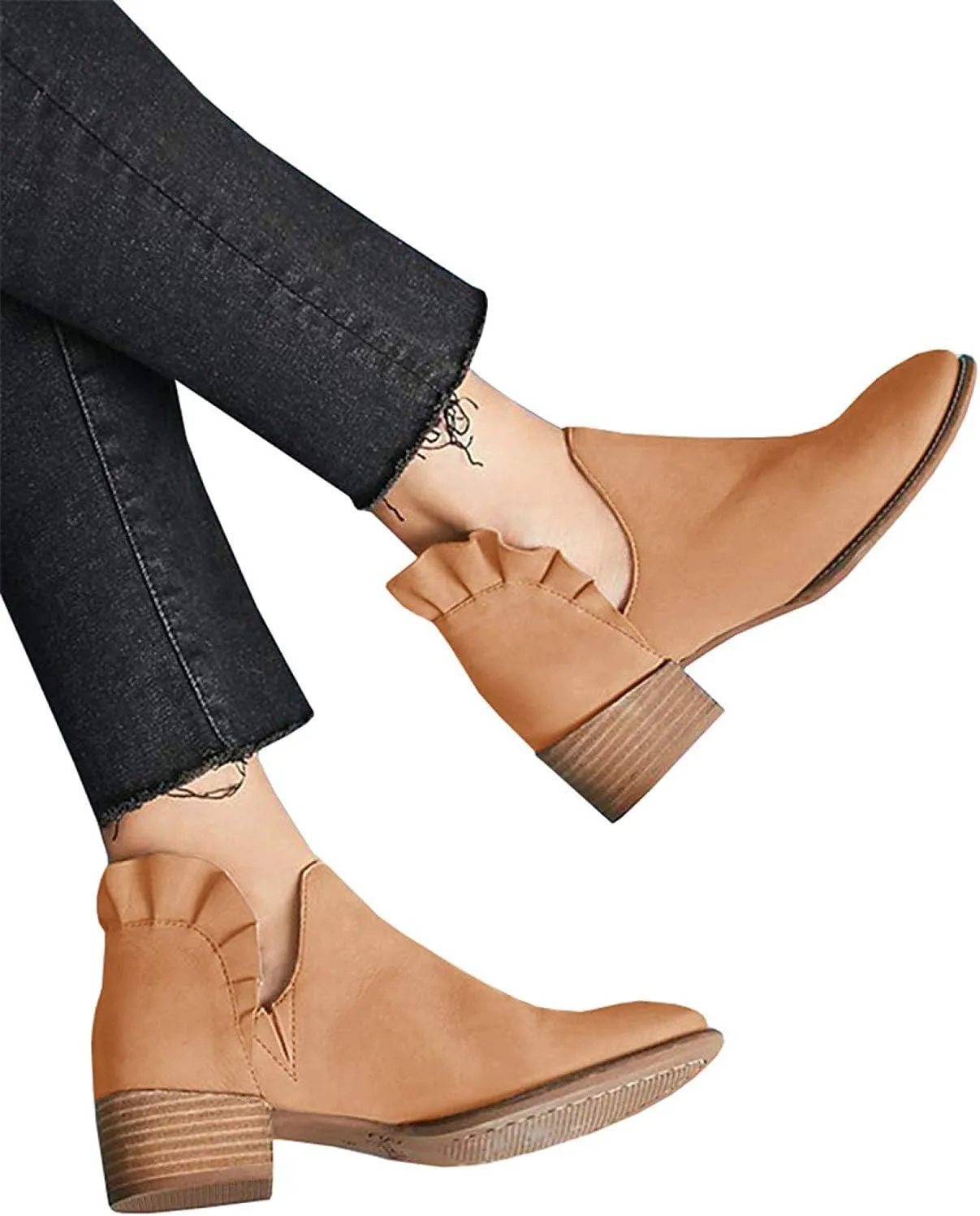 Fashare Womens Fall Cutout Booties Ankle Heels Low Stacked Ruffle Slip On Dress Short Boots Shoes