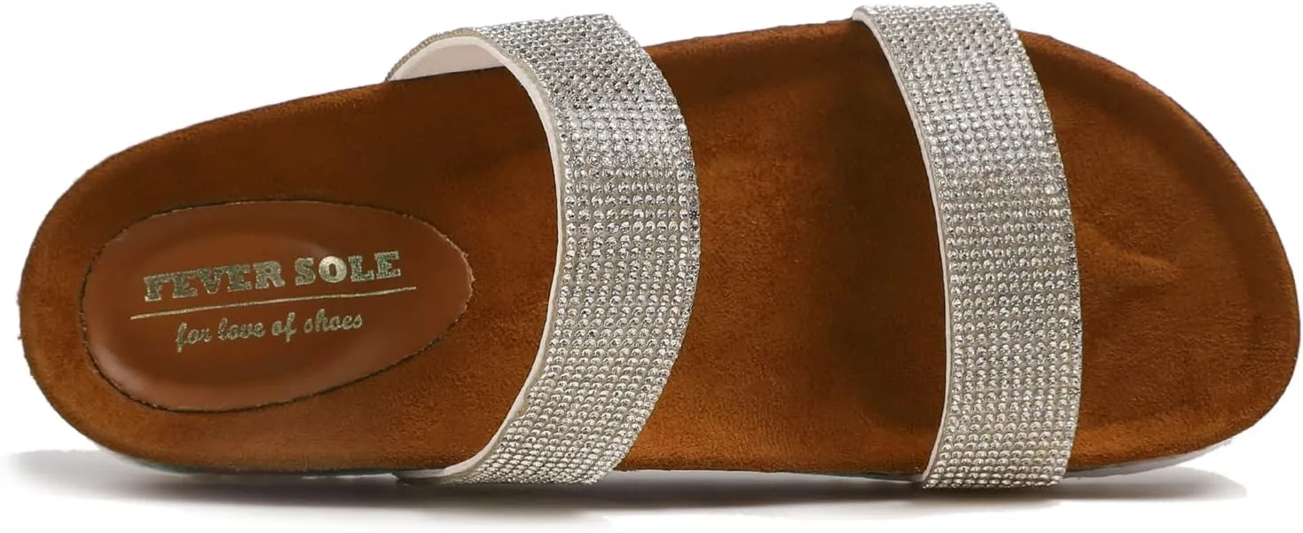FEVERSOLE Women's Fashion Sparkle Slide Sandals Soft Cork Footbed Comfort Flats