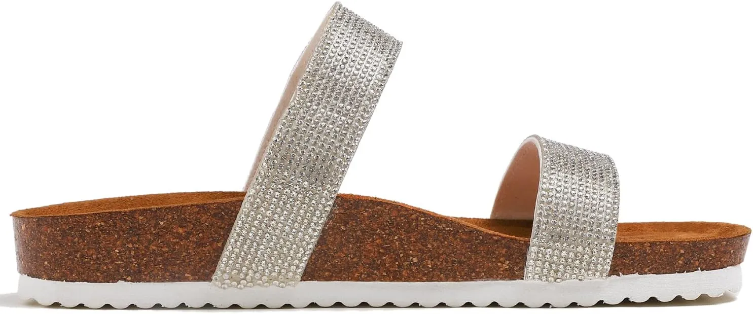 FEVERSOLE Women's Fashion Sparkle Slide Sandals Soft Cork Footbed Comfort Flats