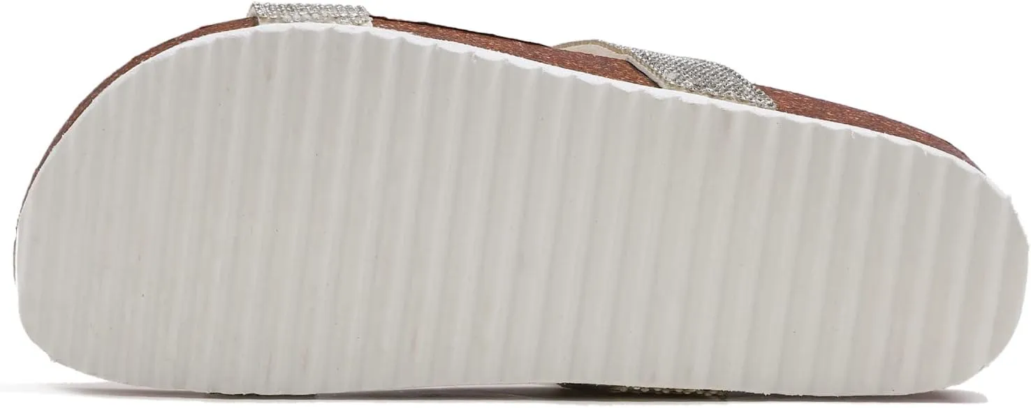 FEVERSOLE Women's Fashion Sparkle Slide Sandals Soft Cork Footbed Comfort Flats
