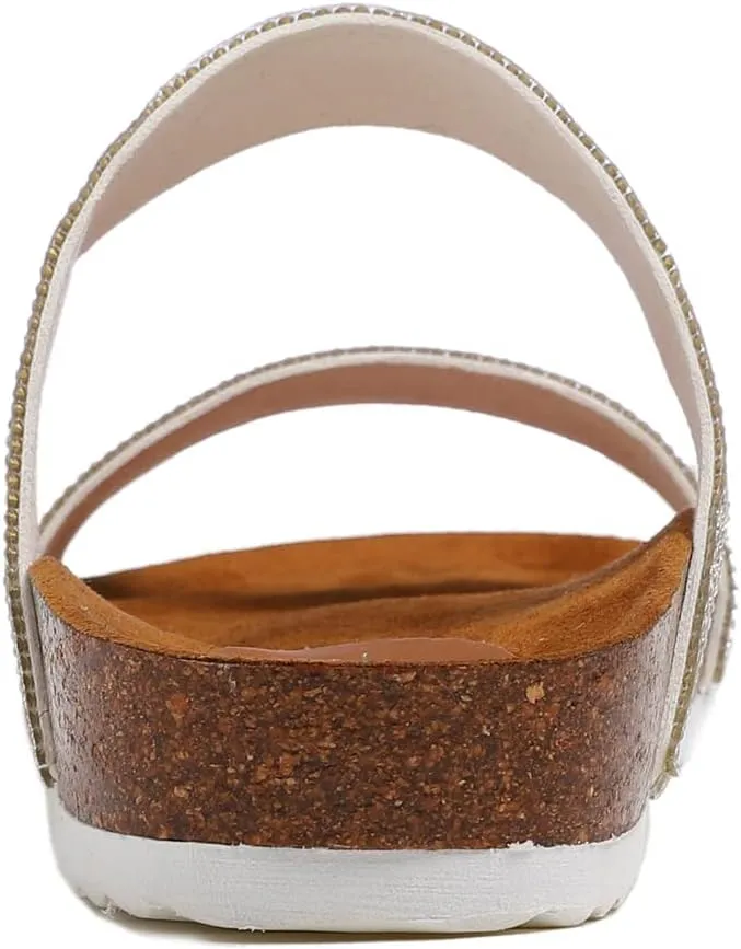 FEVERSOLE Women's Fashion Sparkle Slide Sandals Soft Cork Footbed Comfort Flats