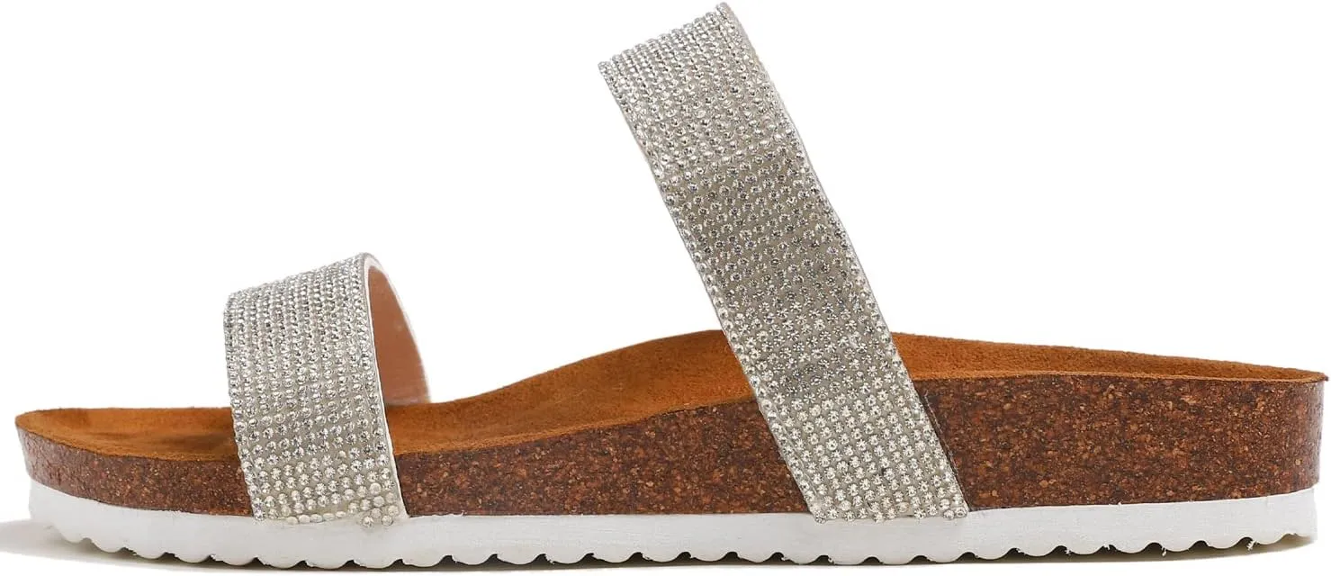 FEVERSOLE Women's Fashion Sparkle Slide Sandals Soft Cork Footbed Comfort Flats