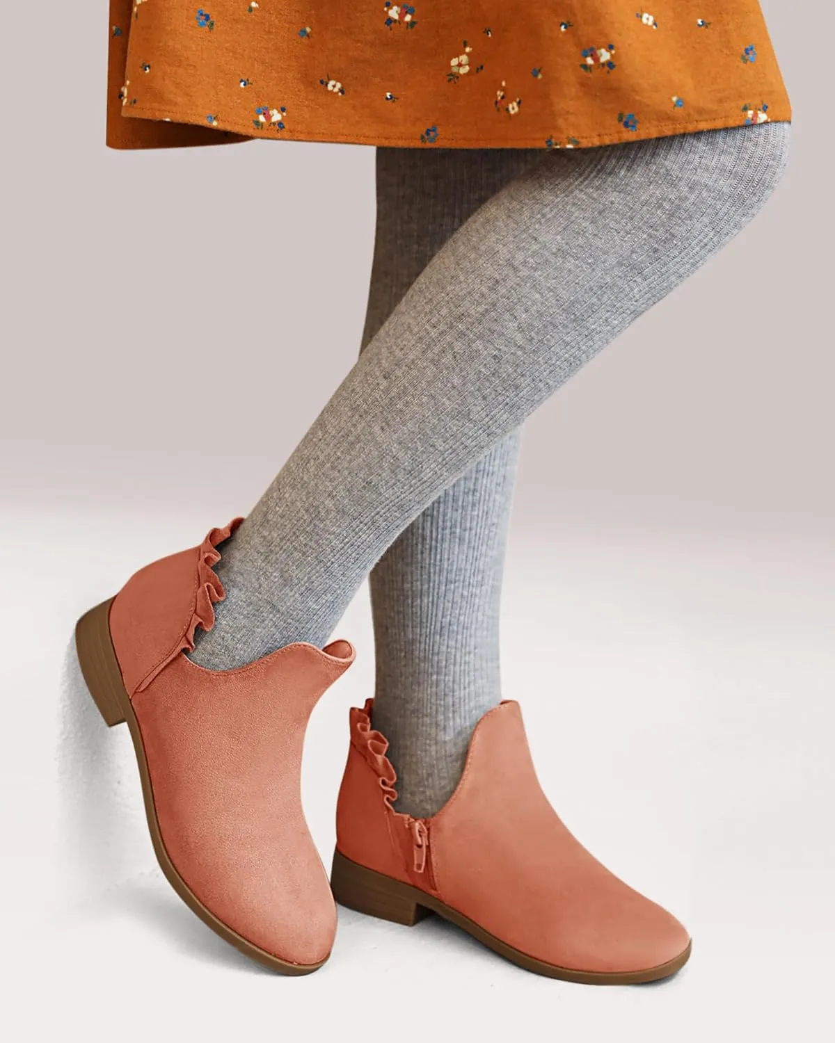 FISACE Girls Ruffled Ankle Boots V Cut Out Chunky Low Heel Dressy Western Booties