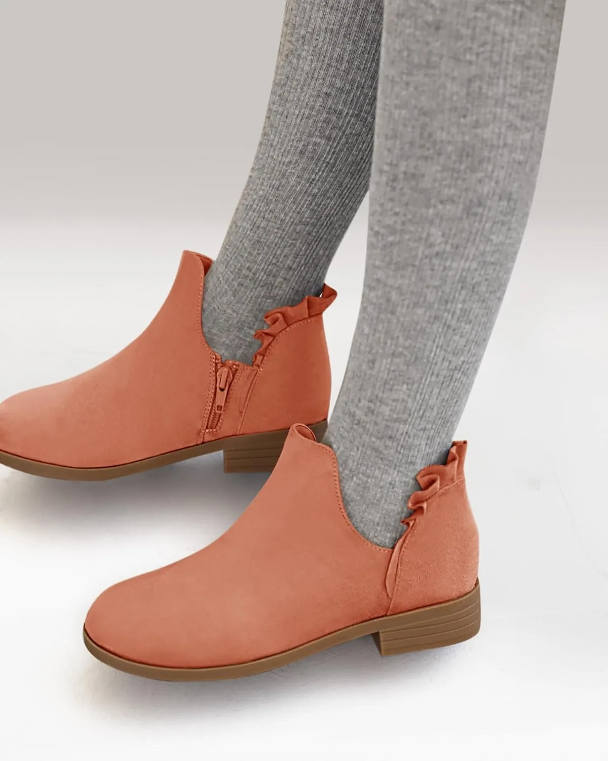 FISACE Girls Ruffled Ankle Boots V Cut Out Chunky Low Heel Dressy Western Booties