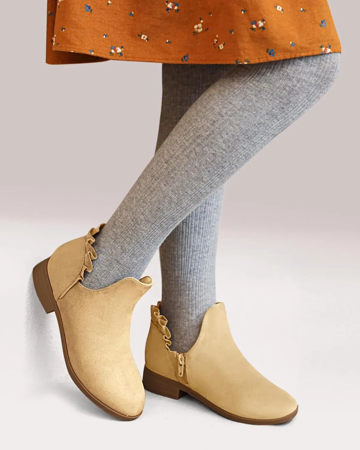 FISACE Girls Ruffled Ankle Boots V Cut Out Chunky Low Heel Dressy Western Booties