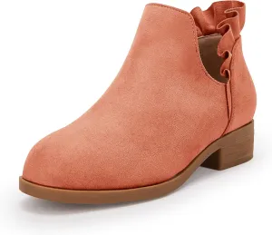 FISACE Girls Ruffled Ankle Boots V Cut Out Chunky Low Heel Dressy Western Booties