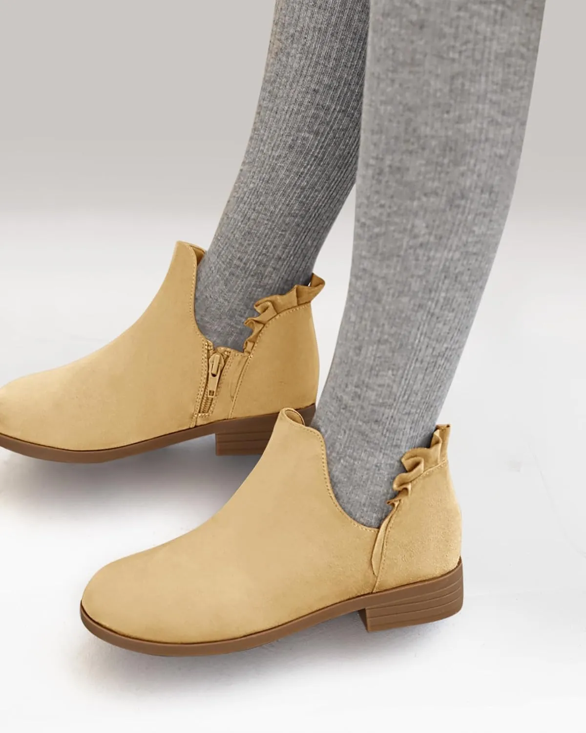 FISACE Girls Ruffled Ankle Boots V Cut Out Chunky Low Heel Dressy Western Booties