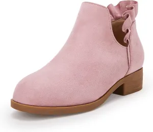 FISACE Girls Ruffled Ankle Boots V Cut Out Chunky Low Heel Dressy Western Booties