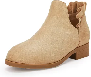 FISACE Girls Ruffled Ankle Boots V Cut Out Chunky Low Heel Dressy Western Booties