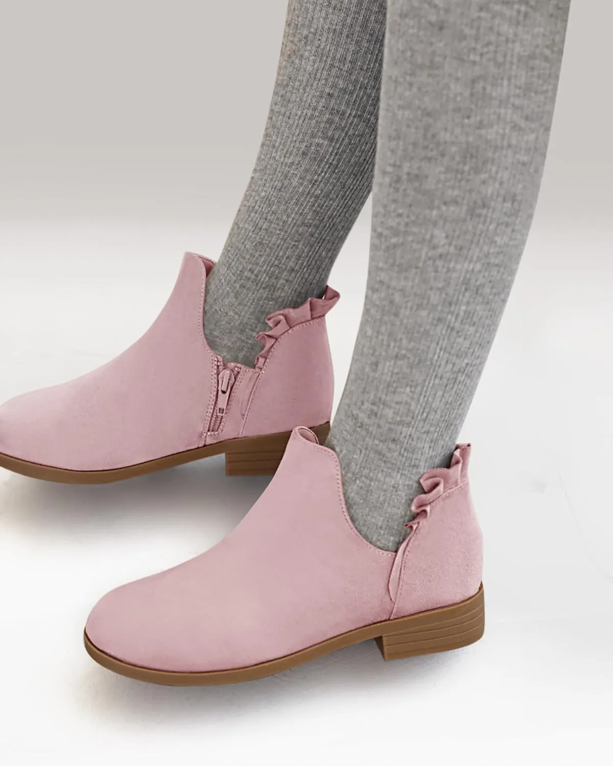 FISACE Girls Ruffled Ankle Boots V Cut Out Chunky Low Heel Dressy Western Booties