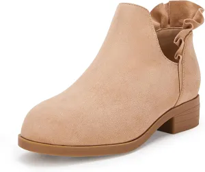 FISACE Girls Ruffled Ankle Boots V Cut Out Chunky Low Heel Dressy Western Booties
