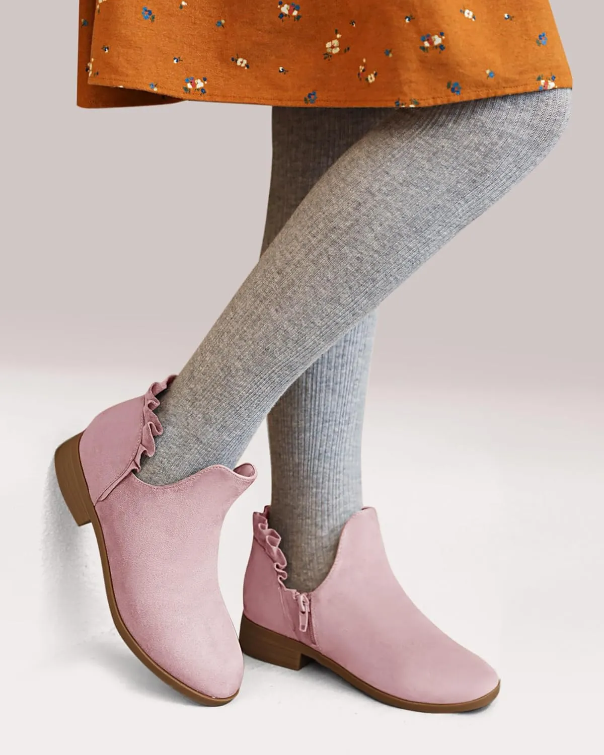 FISACE Girls Ruffled Ankle Boots V Cut Out Chunky Low Heel Dressy Western Booties