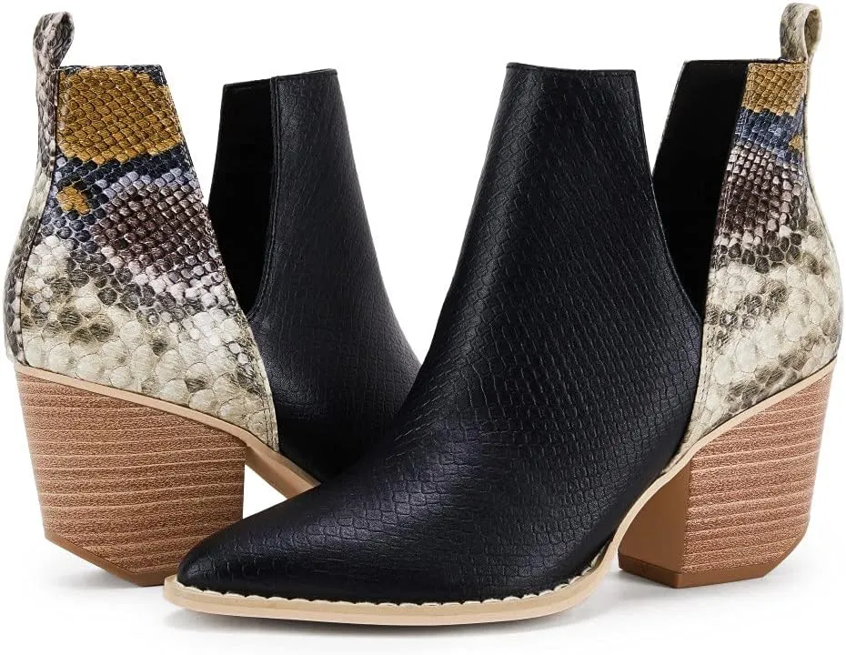 FISACE Womens Pointed Toe Stacked Mid Heel Ankle Boots V Cut Back Zipper Faux Leather Booties