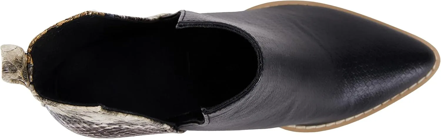 FISACE Womens Pointed Toe Stacked Mid Heel Ankle Boots V Cut Back Zipper Faux Leather Booties