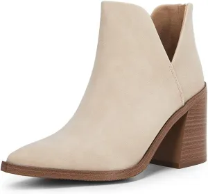 FISACE Womens Pointed Toe Stacked Mid Heel Ankle Boots V Cut Back Zipper Faux Leather Booties