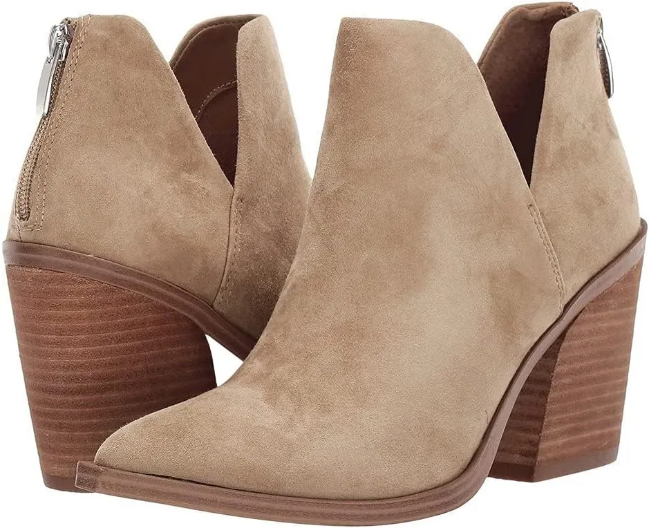 FISACE Womens Pointed Toe Stacked Mid Heel Ankle Boots V Cut Back Zipper Faux Leather Booties