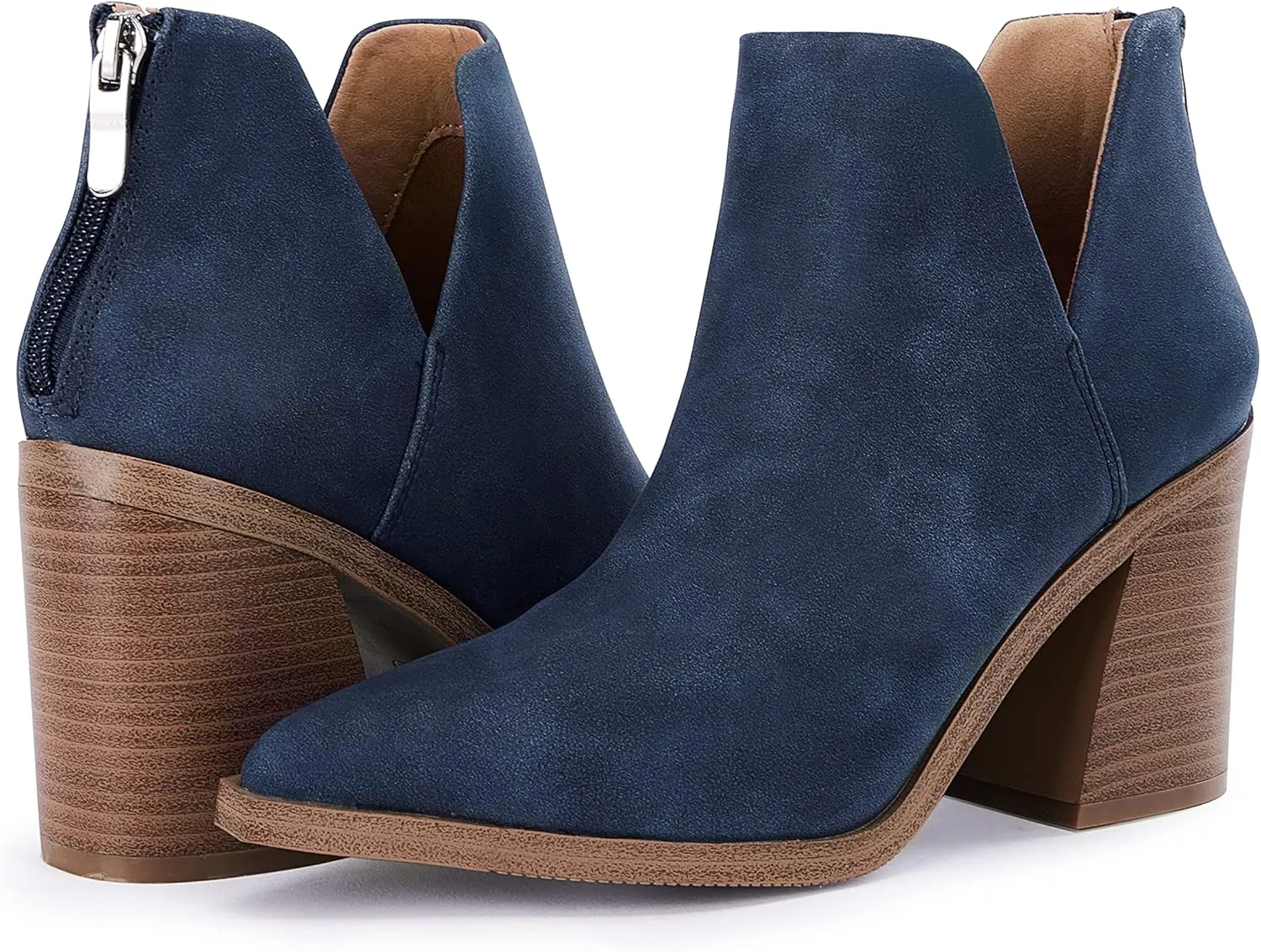 FISACE Womens Pointed Toe Stacked Mid Heel Ankle Boots V Cut Back Zipper Faux Leather Booties