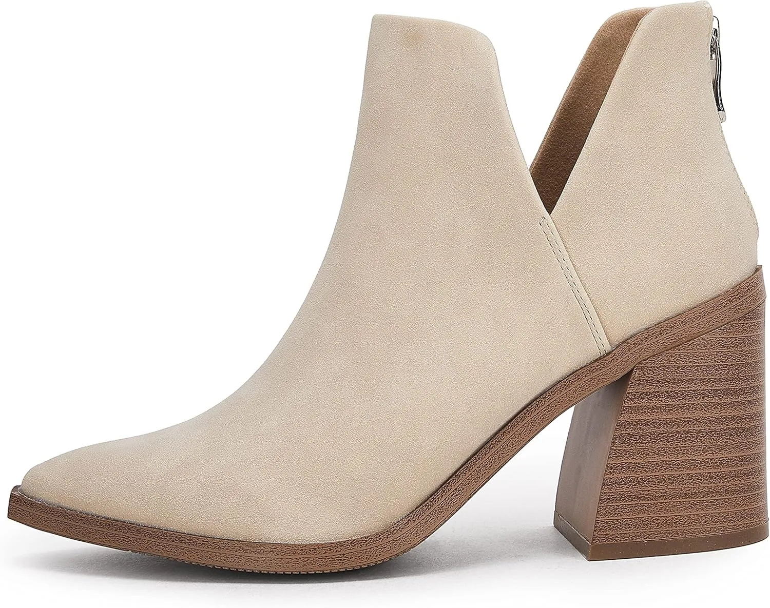 FISACE Womens Pointed Toe Stacked Mid Heel Ankle Boots V Cut Back Zipper Faux Leather Booties