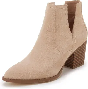 FISACE Womens Pointed Toe Stacked Mid Heel Ankle Boots V Cut Back Zipper Faux Leather Booties