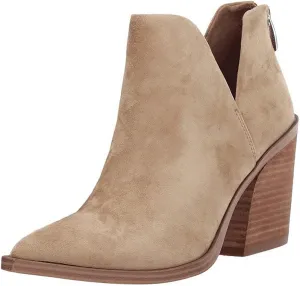 FISACE Womens Pointed Toe Stacked Mid Heel Ankle Boots V Cut Back Zipper Faux Leather Booties