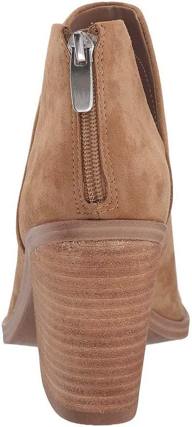 FISACE Womens Pointed Toe Stacked Mid Heel Ankle Boots V Cut Back Zipper Faux Leather Booties